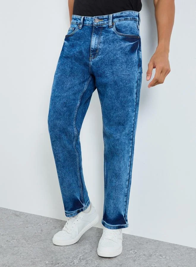 Styli blue Men Blue Pastel Wash Relaxed Fit Jeans for Men | Best Price UAE